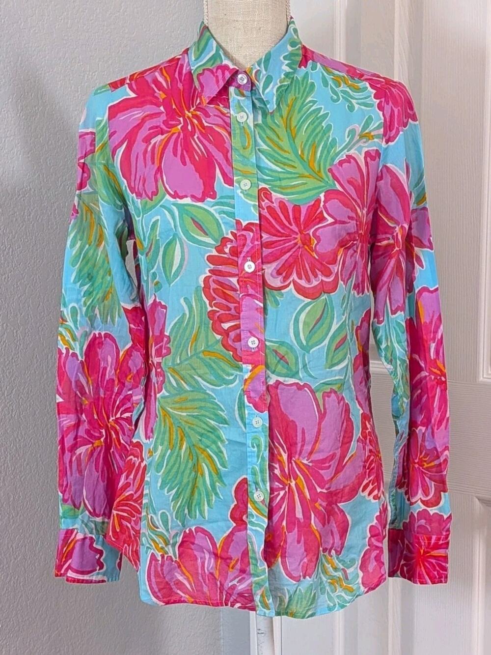 Lilly Pulitzer Floral Pink Green Button Up Shirt Women Sz 8 M Lightweight Cotton
